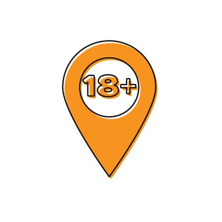 Orange Map pointer with 18 plus icon isolated on white background. Age restriction symbol. 18 plus content sign. Adults content only icon. Vector Illustrationのイラスト素材