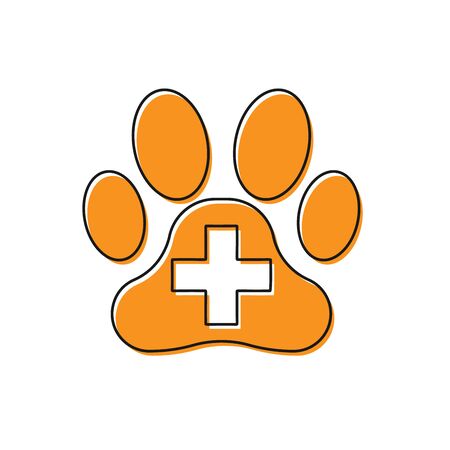 Orange Veterinary clinic symbol icon isolated on white background. Cross hospital sign. A stylized paw print dog or cat. Pet First Aid sign. Vector Illustrationのイラスト素材
