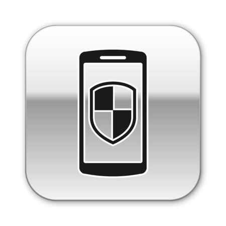 Black Smartphone, mobile phone with security shield icon isolated on white background. Silver square button. Vector Illustrationのイラスト素材