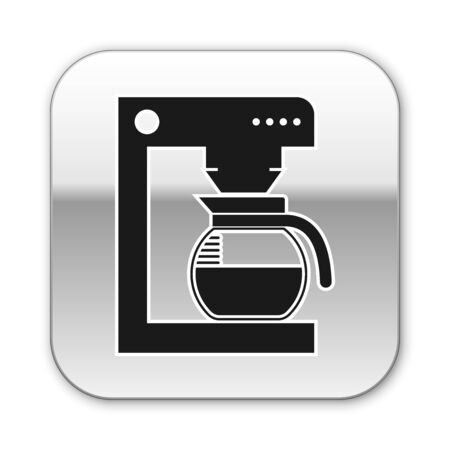 Black Coffee machine with glass pot icon isolated on white background. Silver square button. Vector Illustrationのイラスト素材