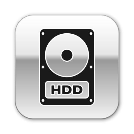 Black Hard disk drive HDD icon isolated on white background. Silver square button. Vector Illustrationのイラスト素材
