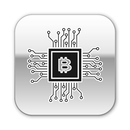 Black CPU mining farm icon isolated on white background. Bitcoin sign inside processor. Cryptocurrency mining community. Digital money. Silver square button. Vector Illustrationのイラスト素材