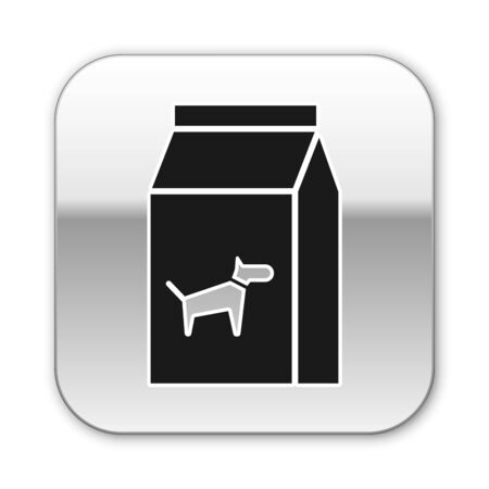 Black Bag of food for dog icon isolated on white background. Food for animals. Pet food package. Silver square button. Vector Illustrationのイラスト素材
