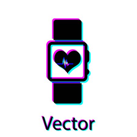Black Smart watch showing heart beat rate icon isolated on white background. Fitness App concept. Vector Illustrationのイラスト素材