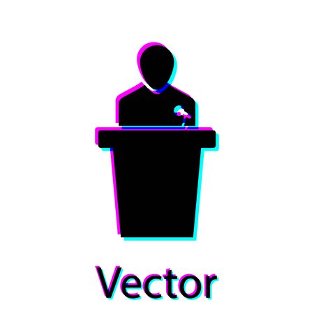 Black Speaker icon isolated on white background. Orator speaking from tribune. Public speech. Person on podium. Vector Illustrationのイラスト素材
