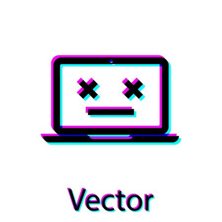 Black Dead laptop icon isolated on white background. 404 error like laptop with dead emoji. Fatal error in pc system. Vector Illustrationのイラスト素材