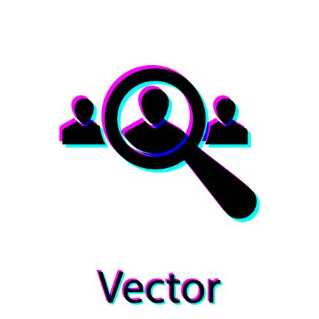 Black Magnifying glass for search a people icon on white background. Recruitment or selection concept. Search for employees and job, human resource. Vector Illustrationのイラスト素材