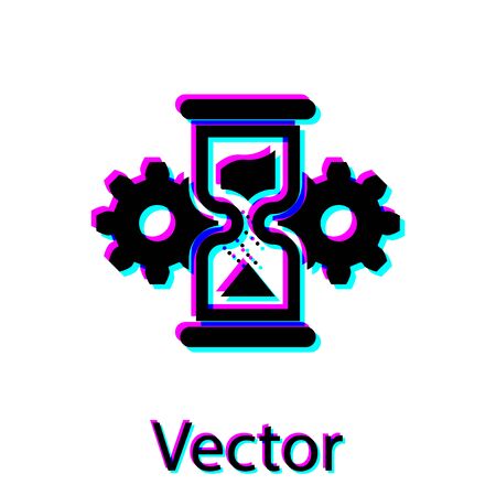 Black Hourglass and gear icon isolated on white background. Time Management symbol. Clock and gear icon. Business concept. Vector Illustrationのイラスト素材