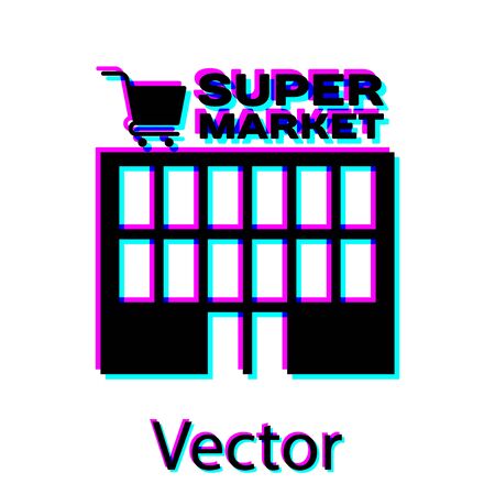 Black Supermarket building with shopping cart icon isolated on white background. Shop or store. Mall building. Vector Illustrationのイラスト素材
