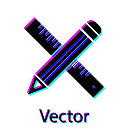 Black Crossed ruler and pencil icon isolated on white background. Straightedge symbol. Drawing and educational tools. Vector Illustrationのイラスト素材