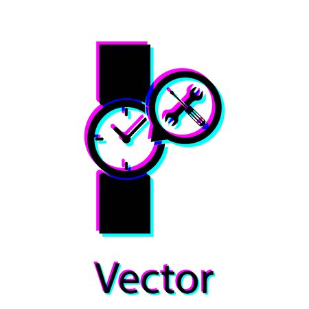 Black Wrist watch with screwdriver and wrench icon isolated on white background. Adjusting, service, setting, maintenance, repair, fixing. Vector Illustrationのイラスト素材