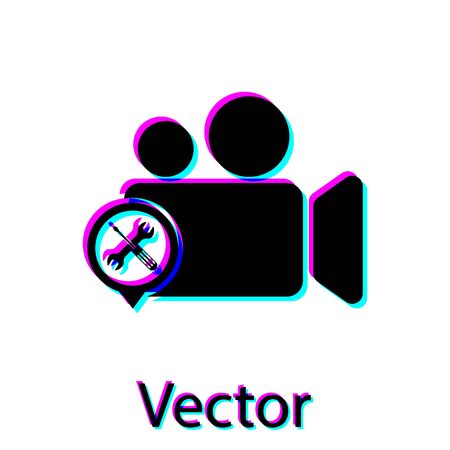 Black Video camera with screwdriver and wrench icon isolated on white background. Adjusting, service, setting, maintenance, repair, fixing. Vector Illustrationのイラスト素材