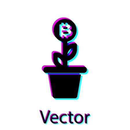 Black Bitcoin plant in the pot icon isolated on white background. Business investment growth concept. Blockchain technology, cryptocurrency mining. Vector Illustrationのイラスト素材