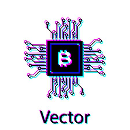 Black CPU mining farm icon isolated on white background. Bitcoin sign inside processor. Cryptocurrency mining community. Digital money. Vector Illustrationのイラスト素材