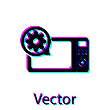 Black Microwave oven and gear icon isolated on white background. Adjusting app, service concept, setting options, maintenance, repair, fixing. Vector Illustrationのイラスト素材