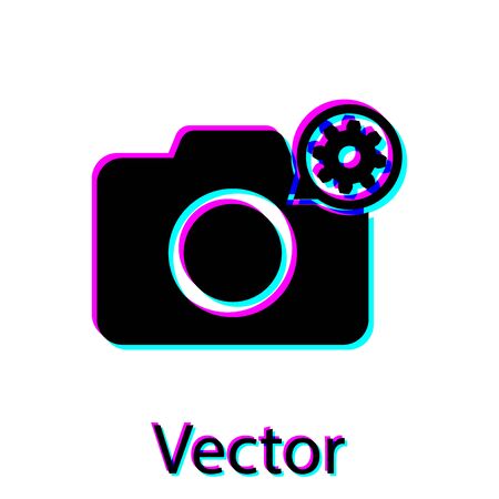 Black Photo camera and gear icon isolated on white background. Adjusting app, service concept, setting options, maintenance, repair, fixing. Vector Illustrationのイラスト素材