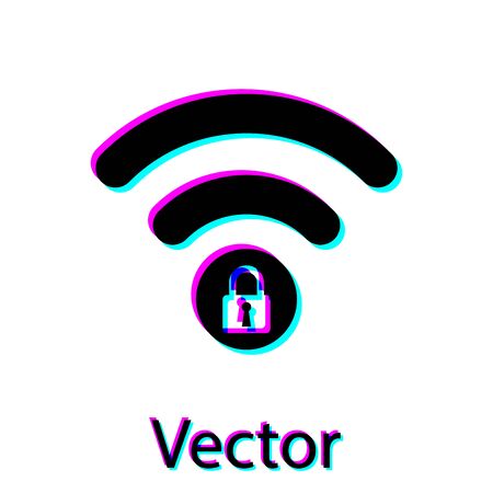 Black Wifi locked sign icon isolated on white background. Password Wi-fi symbol. Wireless Network icon. Wifi zone. Vector Illustrationのイラスト素材