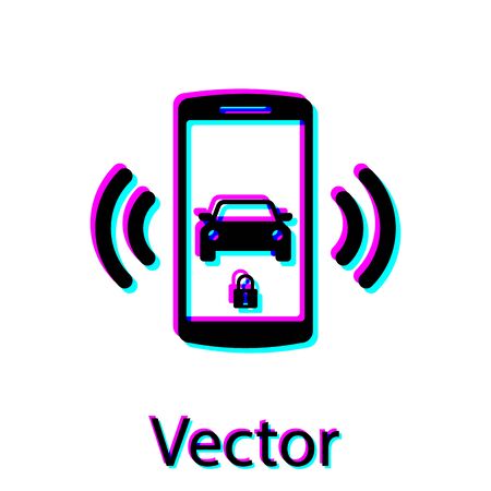 Black Smart car alarm system icon isolated on white background. The smartphone controls the car security on the wireless. Vector Illustrationのイラスト素材