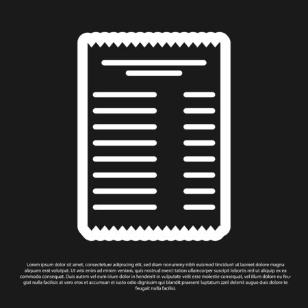 Black Paper check and financial check icon isolated on black background. Paper print check, shop receipt or bill. Vector Illustrationのイラスト素材