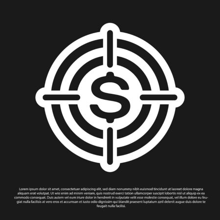 Black Target with dollar symbol icon isolated on black background. Investment target icon. Successful business concept. Cash or Money sign. Vector Illustrationのイラスト素材