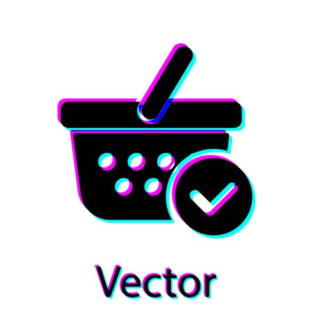 Black Shopping basket with check mark icon isolated on white background. Supermarket basket with approved, confirm, done, tick, completed symbol. Vector Illustrationのイラスト素材