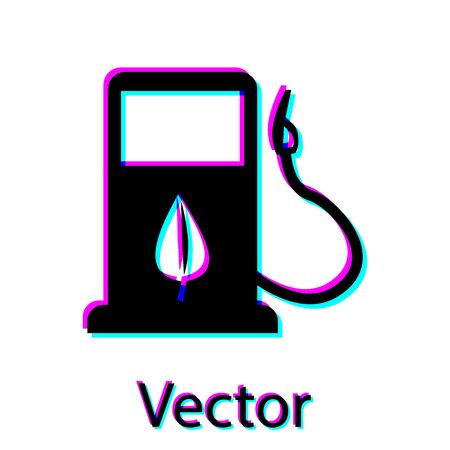 Black Bio fuel concept with fueling nozzle and leaf icon isolated on white background. Gas station with leaves. Eco refueling. Vector Illustrationのイラスト素材