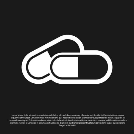 Black Medicine pill or tablet icon isolated on black background. Capsule pill and drug sign. Pharmacy design. Vector Illustrationのイラスト素材