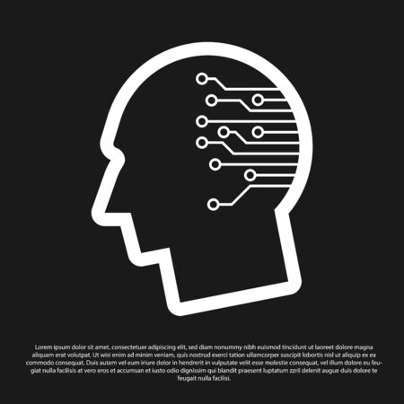 Black Human brain as digital circuit board icon isolated on black background. Artificial Intelligence. Human head outline with circuit lines inside. Vector Illustrationのイラスト素材