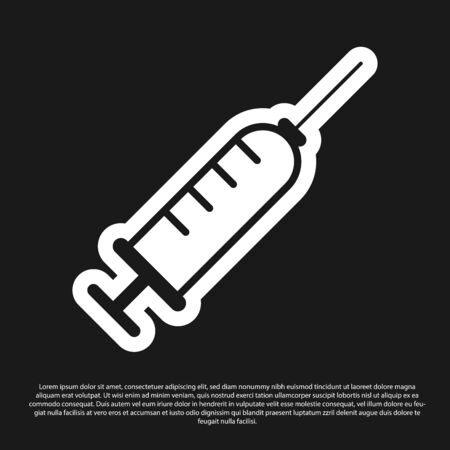 Black Syringe icon isolated on black background. Syringe for vaccine, vaccination, injection, flu shot. Medical equipment. Vector Illustrationのイラスト素材