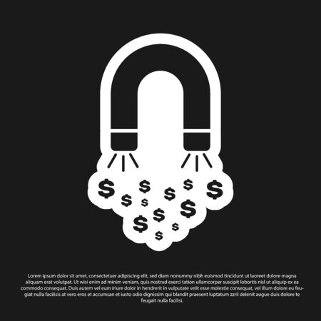 Black Magnet with money icon isolated on black background. Concept of attracting investments, money. Big business profit attraction and success. Vector Illustrationのイラスト素材