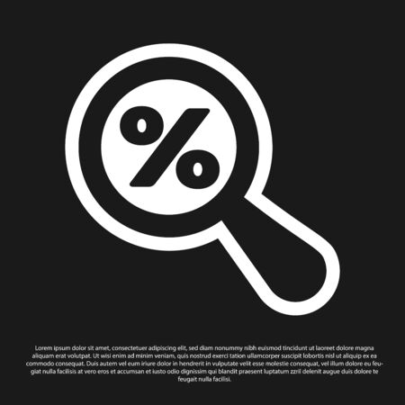 Black Magnifying glass with percent discount icon isolated on black background. Discount offers searching. Search for discount sale sign. Vector Illustrationのイラスト素材
