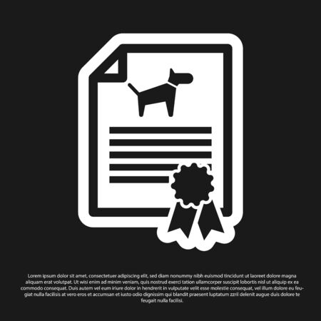 Black Medical certificate for travel with dog or cat icon isolated on black background. Document for pet. Dog or cat paw print. Vector Illustrationのイラスト素材