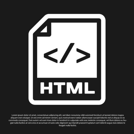 Black HTML file document icon. Download html button icon isolated on black background. HTML file symbol. Markup language symbol. Vector Illustrationのイラスト素材