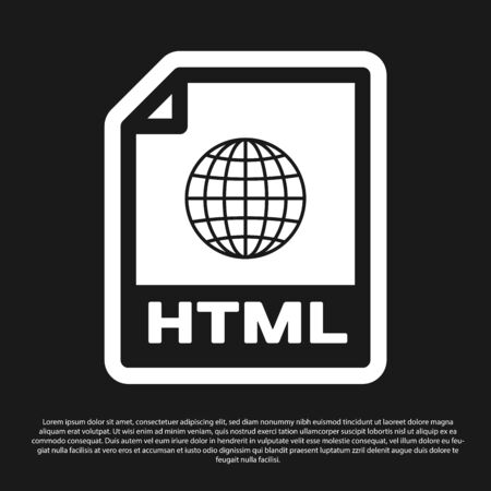 Black HTML file document icon. Download html button icon isolated on black background. HTML file symbol. Markup language symbol. Vector Illustrationのイラスト素材