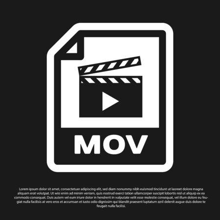 Black MOV file document icon. Download mov button icon isolated on black background. MOV file symbol. Audio and video collection. Vector Illustrationのイラスト素材
