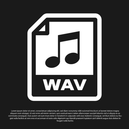 Black WAV file document icon. Download wav button icon isolated on black background. WAV waveform audio file format for digital audio riff files. Vector Illustrationのイラスト素材