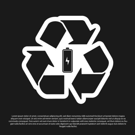 Black Battery with recycle symbol line icon isolated on black background. Battery with recycling symbol - renewable energy concept. Vector Illustrationのイラスト素材