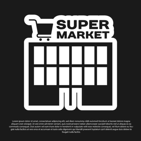 Black Supermarket building with shopping cart icon isolated on black background. Shop or store. Mall building. Vector Illustrationのイラスト素材