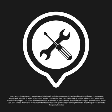 Black Location with crossed screwdriver and wrench tools icon isolated on black background. Pointer settings symbol. Vector Illustrationのイラスト素材
