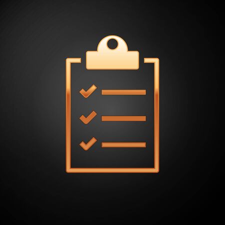 Gold Clipboard with checklist icon isolated on black background. Vector Illustrationのイラスト素材