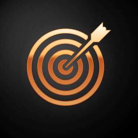 Gold Target with arrow icon isolated on black background. Dart board sign. Archery board icon. Dartboard sign. Business goal concept. Vector Illustrationのイラスト素材