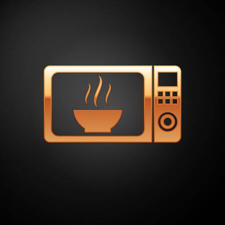 Gold Microwave oven icon isolated on black background. Home appliances icon.Vector Illustrationのイラスト素材