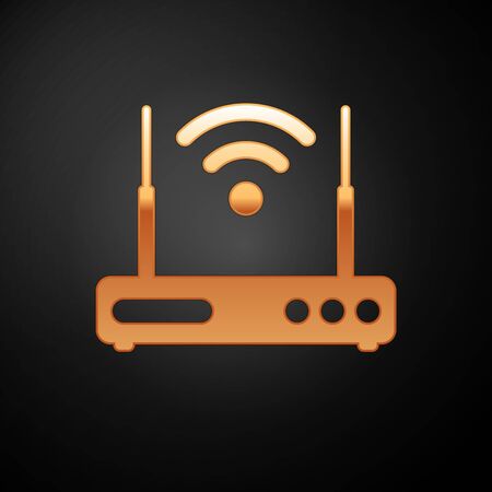 Gold Router and wi-fi signal symbol icon isolated on black background. Wireless ethernet modem router. Computer technology internet. Vector Illustrationのイラスト素材