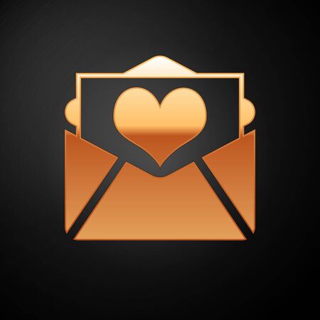 Gold Envelope with Valentine heart icon isolated on black background. Letter love and romance. Vector Illustrationのイラスト素材