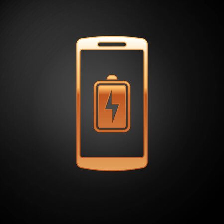 Gold Smartphone battery charge icon isolated on black background. Phone with a low battery charge. Vector Illustrationのイラスト素材