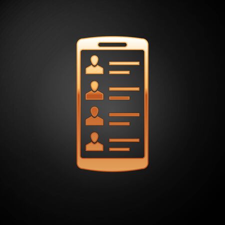 Gold Smartphone with contacts on screen icon isolated on black background. Incoming call. People on phone screen. Call contact. Vector Illustrationのイラスト素材