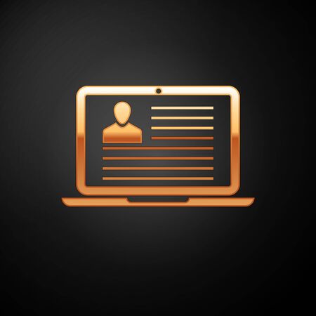 Gold Laptop with resume icon isolated on black background. CV application. Searching professional staff. Analyzing personnel resume. Vector Illustrationのイラスト素材
