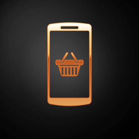 Gold Shopping basket on screen smartphone icon isolated on black background. Concept e-commerce, e-business, online business marketing. Vector Illustrationのイラスト素材