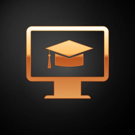 Gold Computer monitor with graduation cap icon isolated on black background. Online learning or e-learning concept. Internet knowledge symbol. Vector Illustrationのイラスト素材