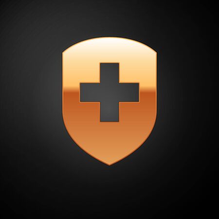 Gold Medical shield with cross icon isolated on black background. Health protection concept. Safety badge icon. Privacy banner. Security label. Vector Illustrationのイラスト素材
